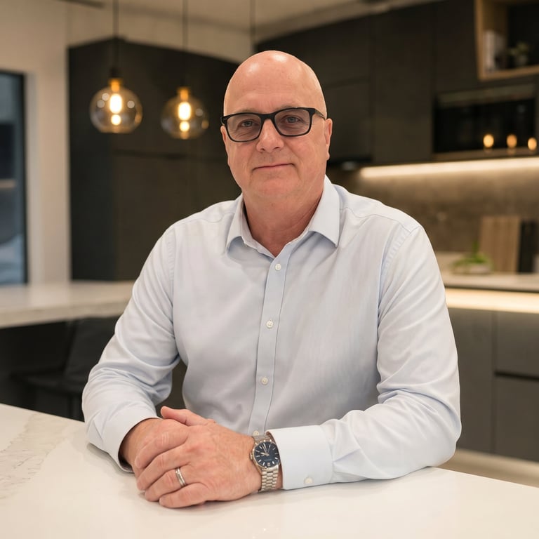 Bald man with glasses wearing light blue shirt seated at white counter in modern kitchen